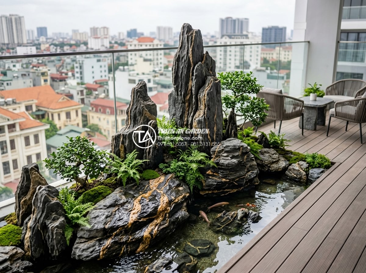 Mẫu tiểu cảnh sân thượng ban công chung cư đẹp tối ưu diện tích - Professional team from stone landscape company showcasing completed luxury balco