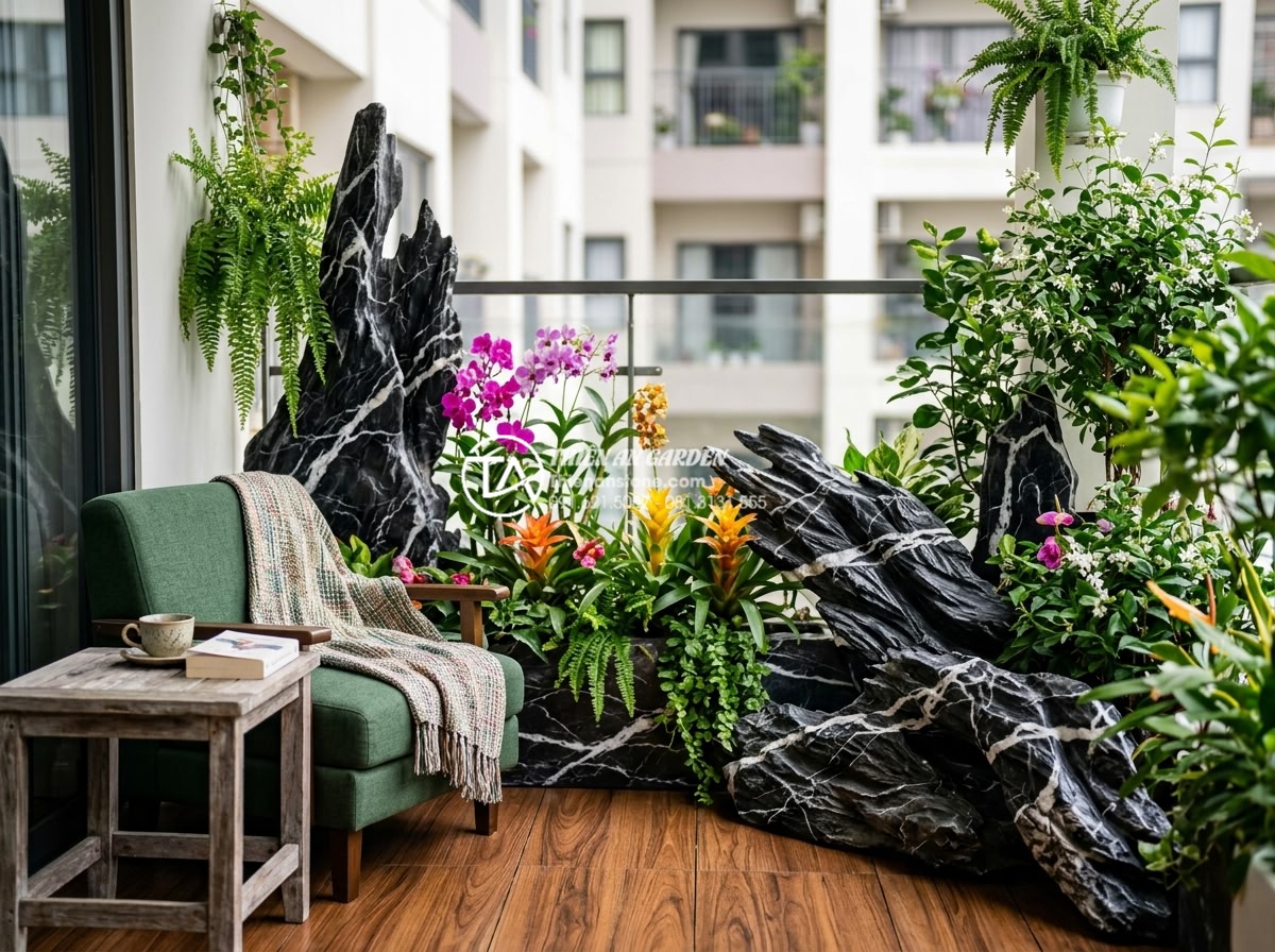 Mẫu tiểu cảnh sân thượng ban công chung cư đẹp tối ưu diện tích - Vibrant image of a small balcony mini landscape in a city apartment complex with