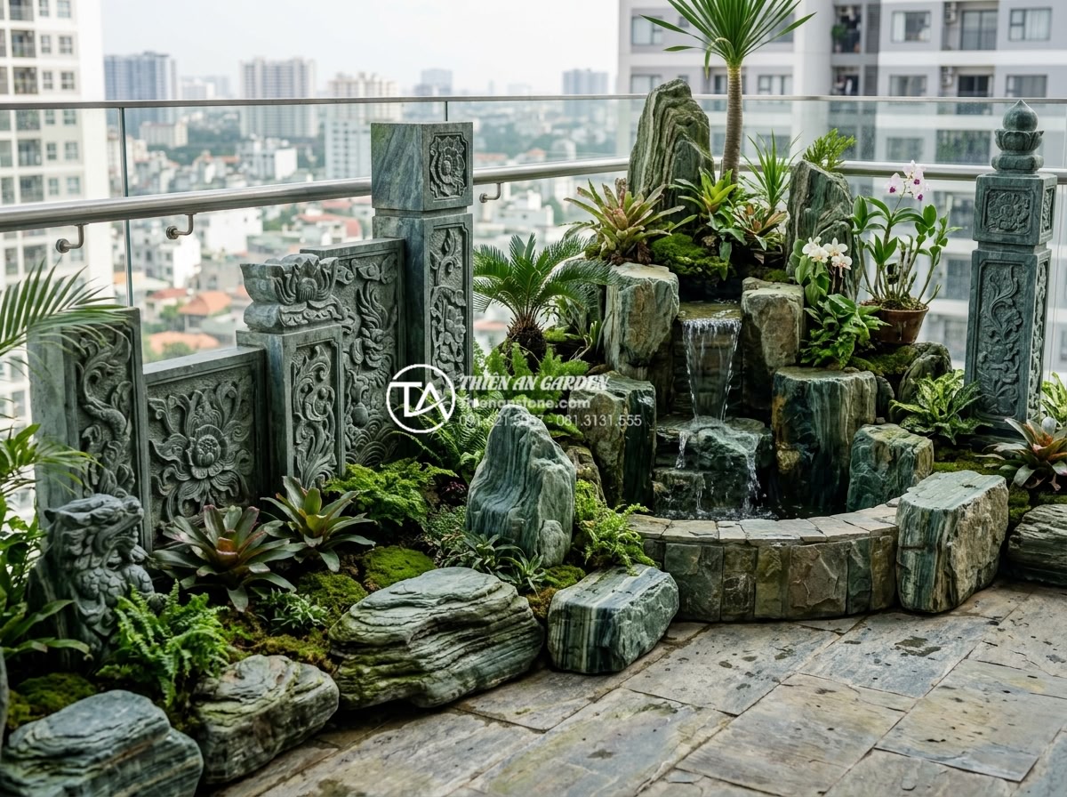 Mẫu tiểu cảnh sân thượng ban công chung cư đẹp tối ưu diện tích - Artistic carved natural stone sculptures and ornate stone art pieces integrated 