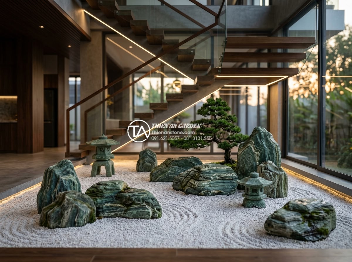 Nên làm tiểu cảnh khô hay tiểu cảnh nước dưới gầm cầu thang? So sánh chi tiết - Luxurious modern villa interior showing a spacious dry rock garden under a float