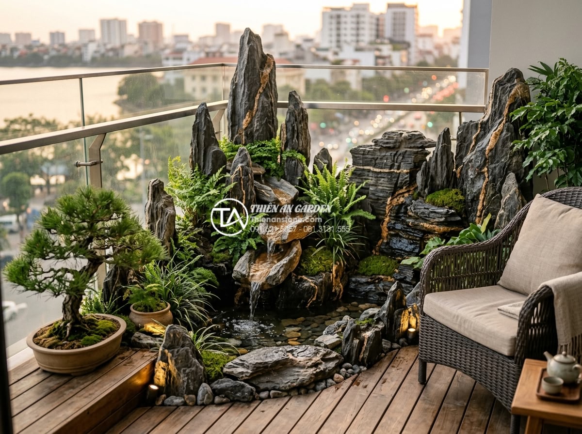 Nghệ thuật sắp đặt tiểu cảnh ban công nhỏ: Biến diện tích hẹp thành nơi thư giãn - High-resolution realistic photograph of a modern small urban balcony transformed