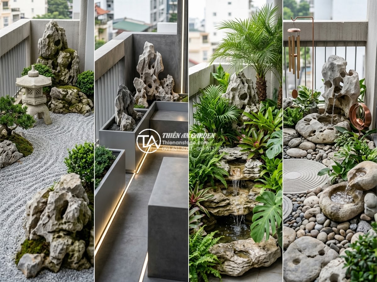 Nghệ thuật sắp đặt tiểu cảnh ban công nhỏ: Biến diện tích hẹp thành nơi thư giãn - Hình 7 Nghệ thuật sắp đặt tiểu cảnh ban công nhỏ: Biến diện tích hẹp thành nơi thư giãn - Collage style high quality realistic images showing four different small balcony