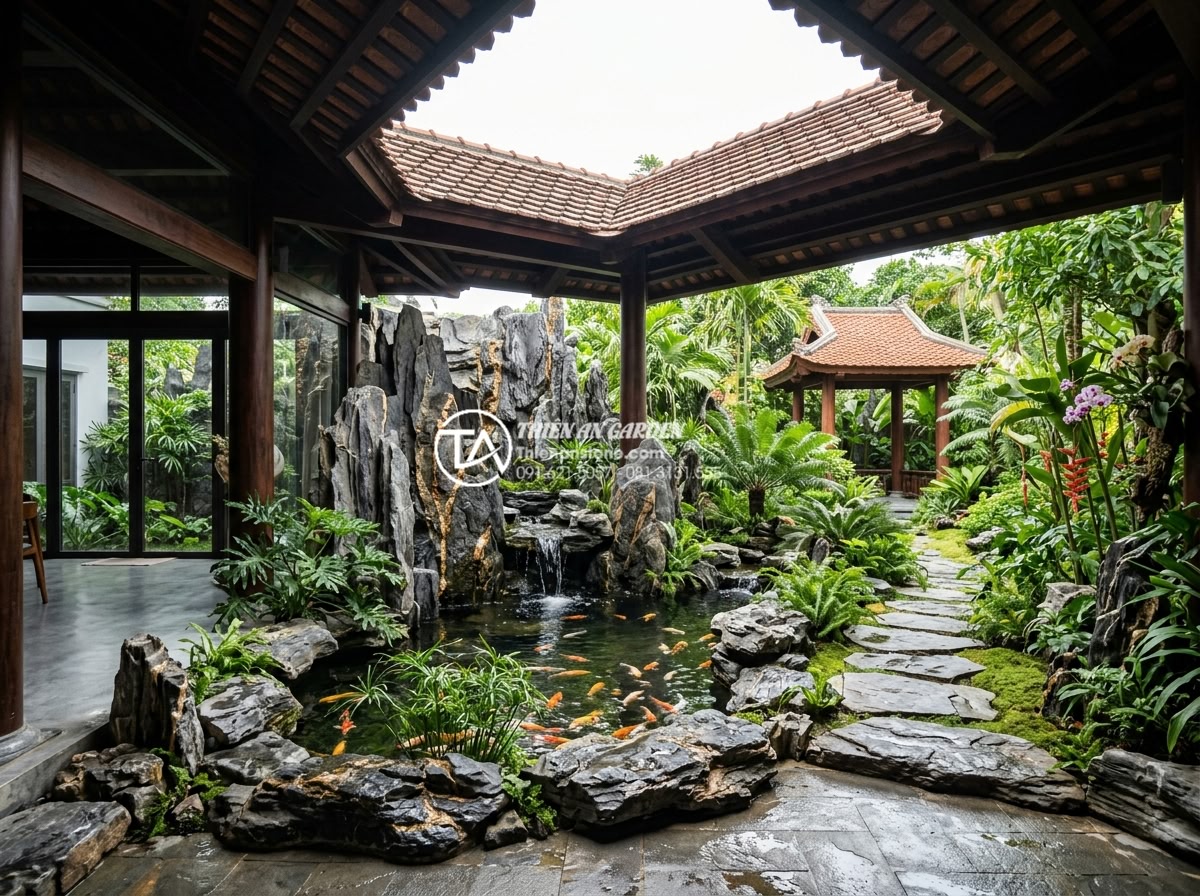 Nghệ thuật sắp đặt tiểu cảnh giếng trời sau nhà và khu vực sân sau - Hình 10 Nghệ thuật sắp đặt tiểu cảnh giếng trời sau nhà và khu vực sân sau - Modern fusion of sky well atrium with expansive rear garden using layered stone