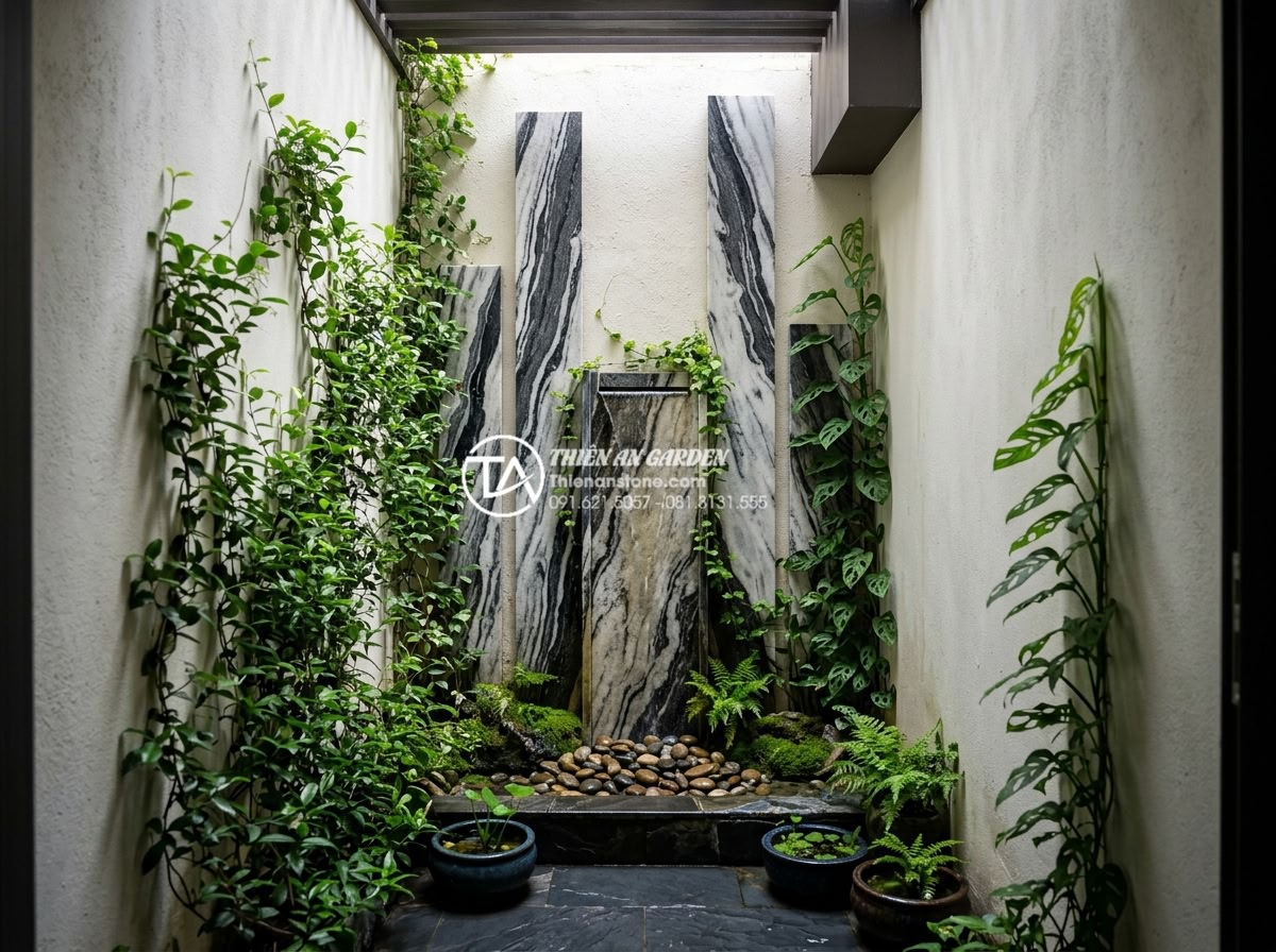 Nghệ thuật sắp đặt tiểu cảnh giếng trời sau nhà và khu vực sân sau - Hình 11 Nghệ thuật sắp đặt tiểu cảnh giếng trời sau nhà và khu vực sân sau - Creative small scene ideas for narrow tube house sky well with vertical stone in