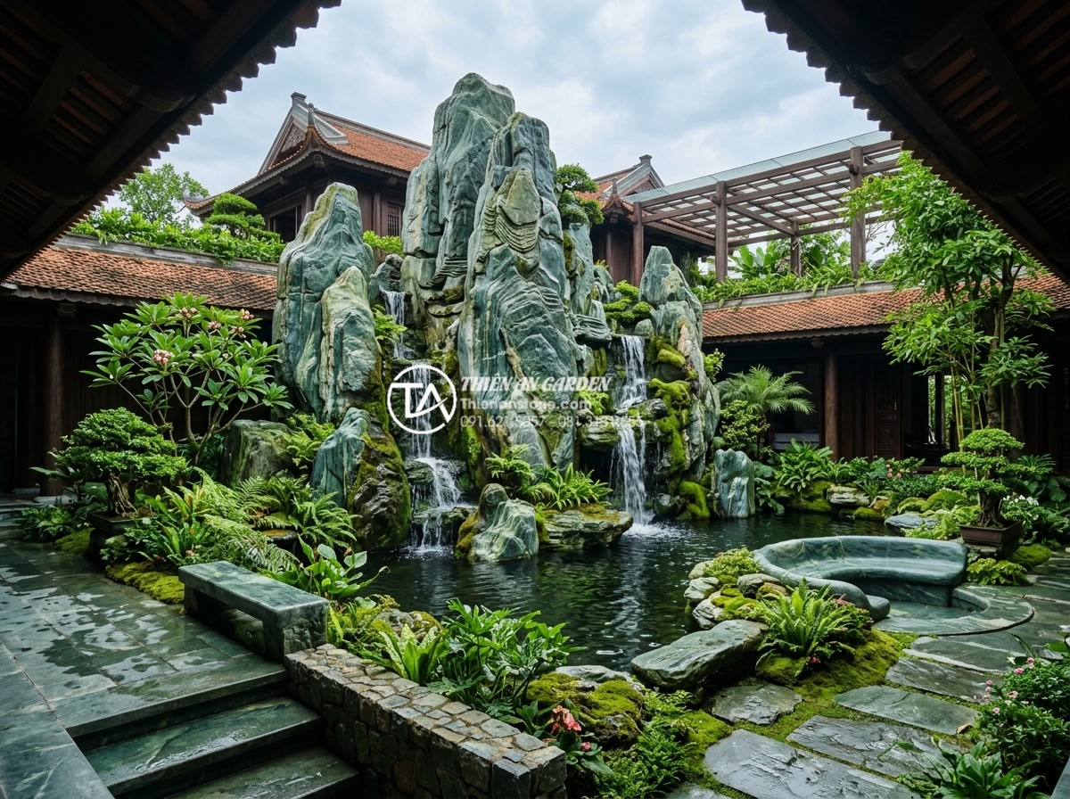 Nghệ thuật sắp đặt tiểu cảnh giếng trời sau nhà và khu vực sân sau - Hình 12 Nghệ thuật sắp đặt tiểu cảnh giếng trời sau nhà và khu vực sân sau - Luxurious villa backyard sky well concept with expansive carved stone mountain,