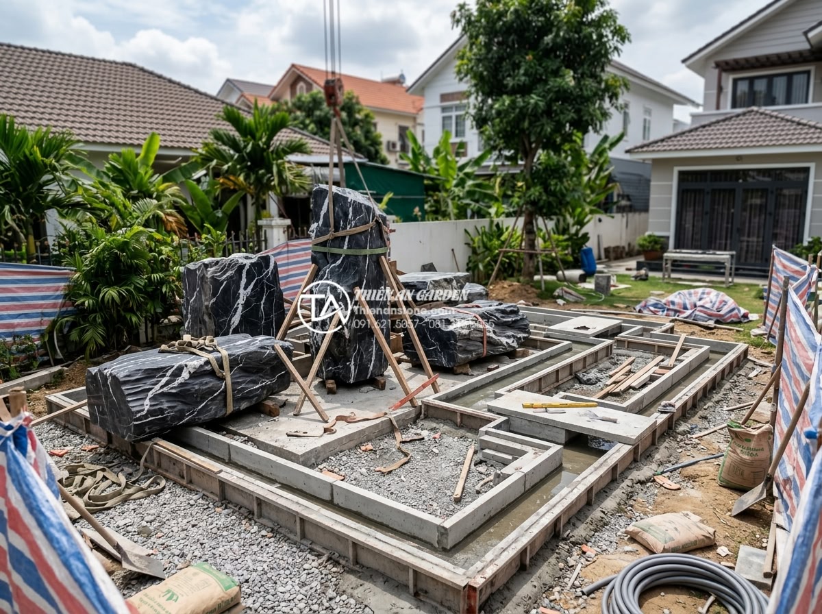 Nghệ thuật sắp đặt tiểu cảnh giếng trời sau nhà và khu vực sân sau - Hình 13 Nghệ thuật sắp đặt tiểu cảnh giếng trời sau nhà và khu vực sân sau - Professional construction process of a sky well small landscape showing workers