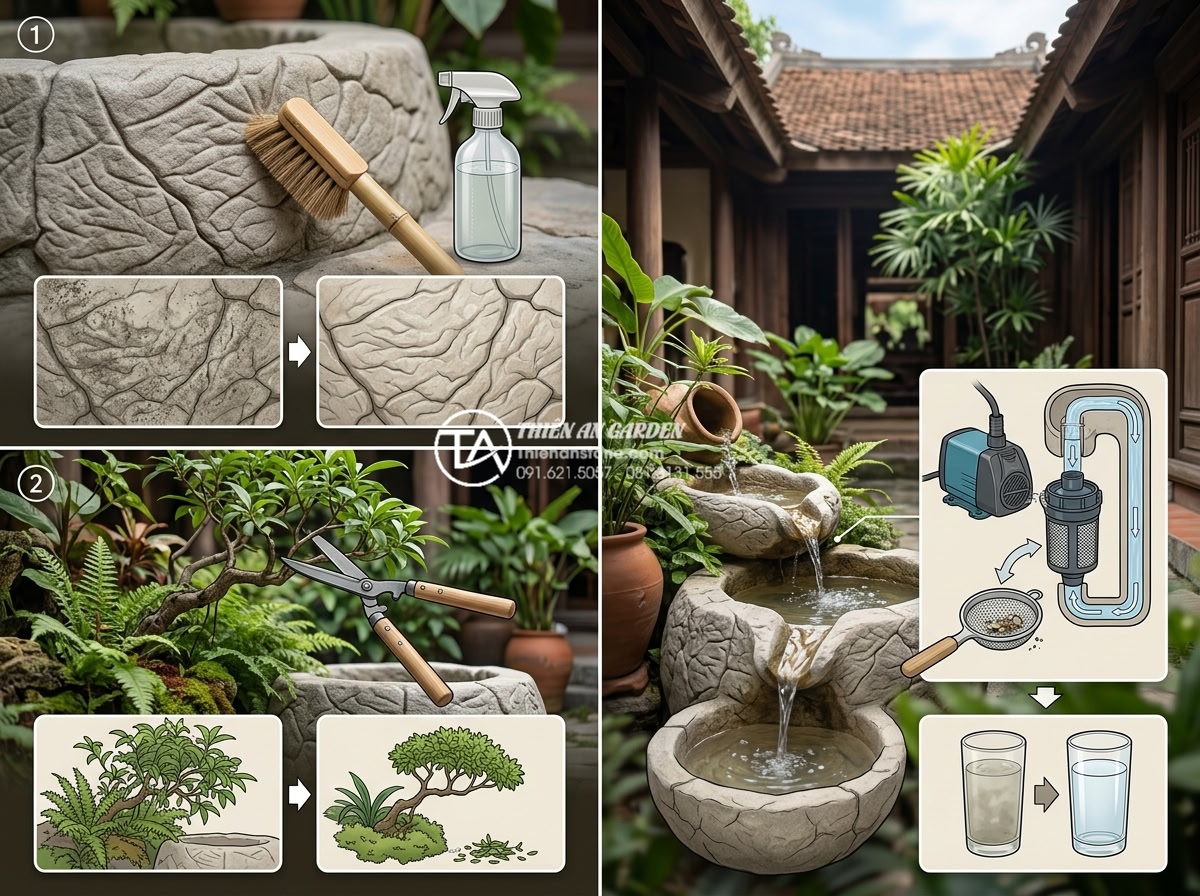 Nghệ thuật sắp đặt tiểu cảnh giếng trời sau nhà và khu vực sân sau - Hình 15 Nghệ thuật sắp đặt tiểu cảnh giếng trời sau nhà và khu vực sân sau - Maintenance guide illustration for backyard sky well stone features including cl