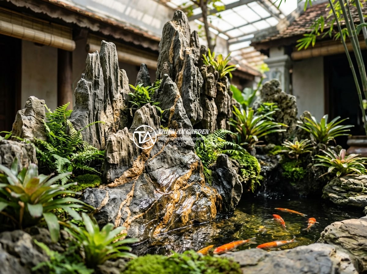Nghệ thuật sắp đặt tiểu cảnh giếng trời sau nhà và khu vực sân sau - Hình 3 Nghệ thuật sắp đặt tiểu cảnh giếng trời sau nhà và khu vực sân sau - Detailed close-up of natural stone elements in a rear house sky well scene inclu