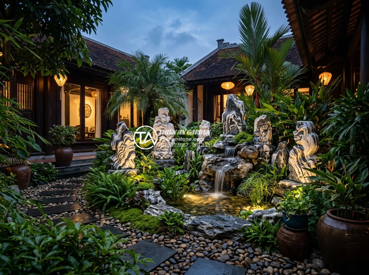 Nghệ thuật sắp đặt tiểu cảnh giếng trời sau nhà và khu vực sân sau - Hình 4 Nghệ thuật sắp đặt tiểu cảnh giếng trời sau nhà và khu vực sân sau - Elegant evening view of a backyard sky well small landscape with illuminated car