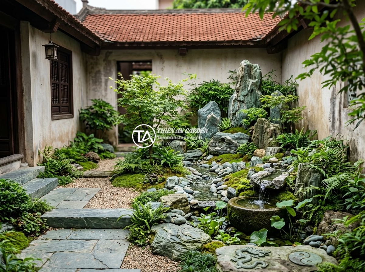 Nghệ thuật sắp đặt tiểu cảnh giếng trời sau nhà và khu vực sân sau - Hình 5 Nghệ thuật sắp đặt tiểu cảnh giếng trời sau nhà và khu vực sân sau - Feng shui inspired sky well backyard arrangement with natural stones positioned