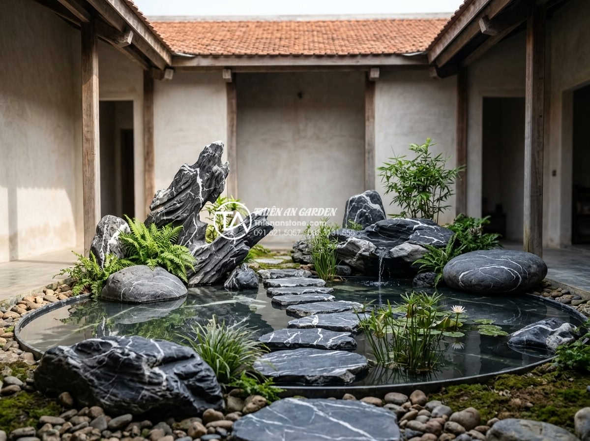 Nghệ thuật sắp đặt tiểu cảnh giếng trời sau nhà và khu vực sân sau - Hình 6 Nghệ thuật sắp đặt tiểu cảnh giếng trời sau nhà và khu vực sân sau - Harmonious natural stone and water feature layout in a rear house atrium demonst