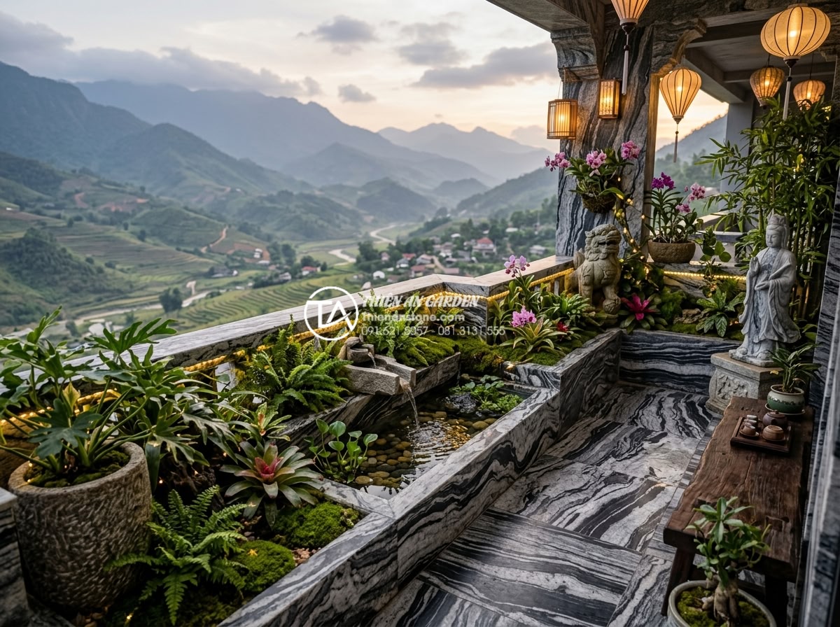 Nghệ thuật sử dụng đá Tuyết Sơn trong tiểu cảnh ban công cao cấp - Integrated elements in Snow Mountain stone balcony design showing combination wi