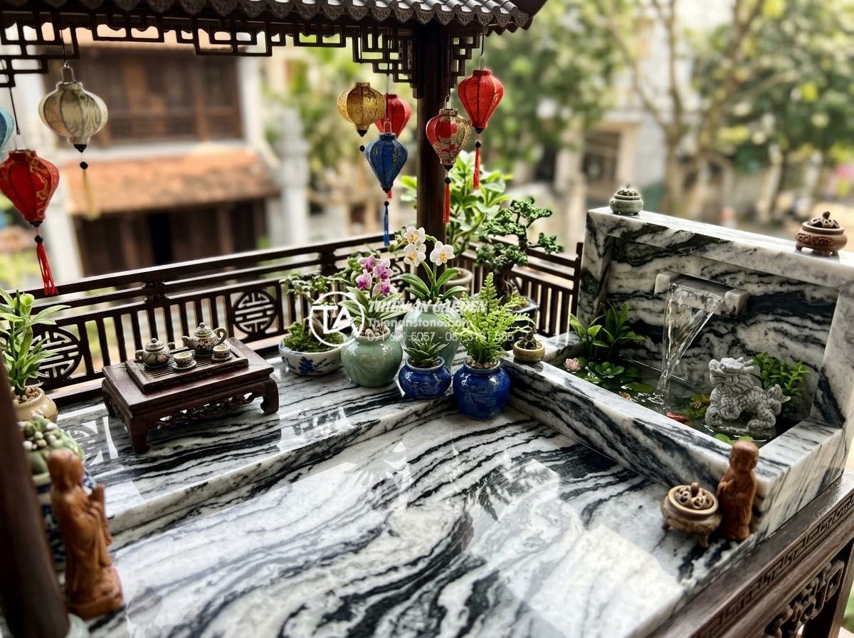 Nghệ thuật sử dụng đá Tuyết Sơn trong tiểu cảnh ban công cao cấp - Harmonious blend of Snow Mountain stone with various decorative elements creatin