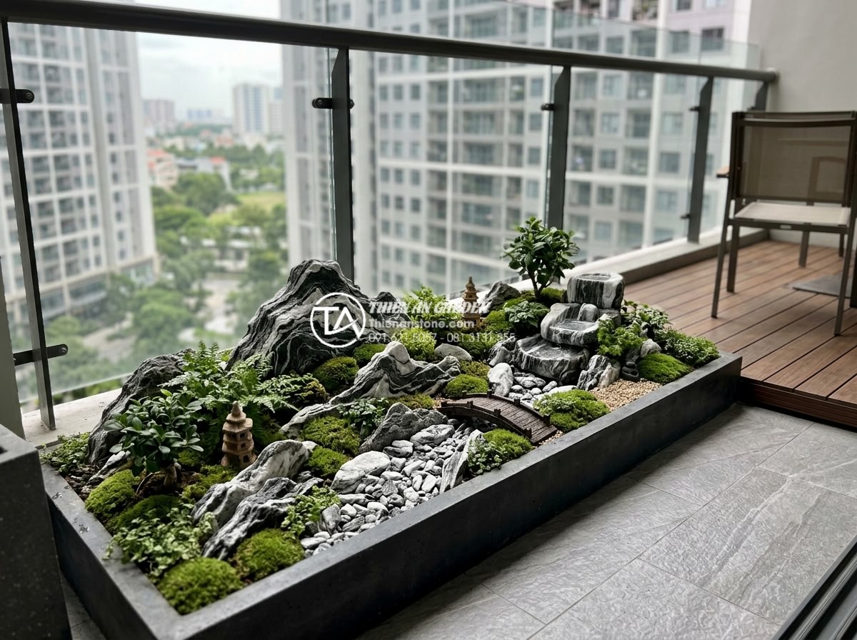 Nghệ thuật sử dụng đá Tuyết Sơn trong tiểu cảnh ban công cao cấp - Real life examples of completed high-end balcony miniature landscapes featuring 