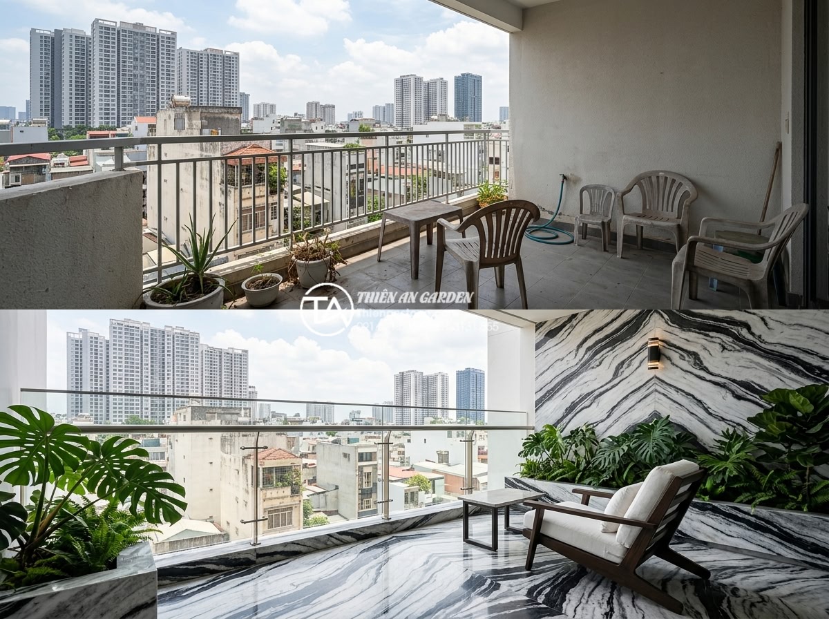 Nghệ thuật sử dụng đá Tuyết Sơn trong tiểu cảnh ban công cao cấp - Before and after photos of transformed balconies using Snow Mountain stone in pr