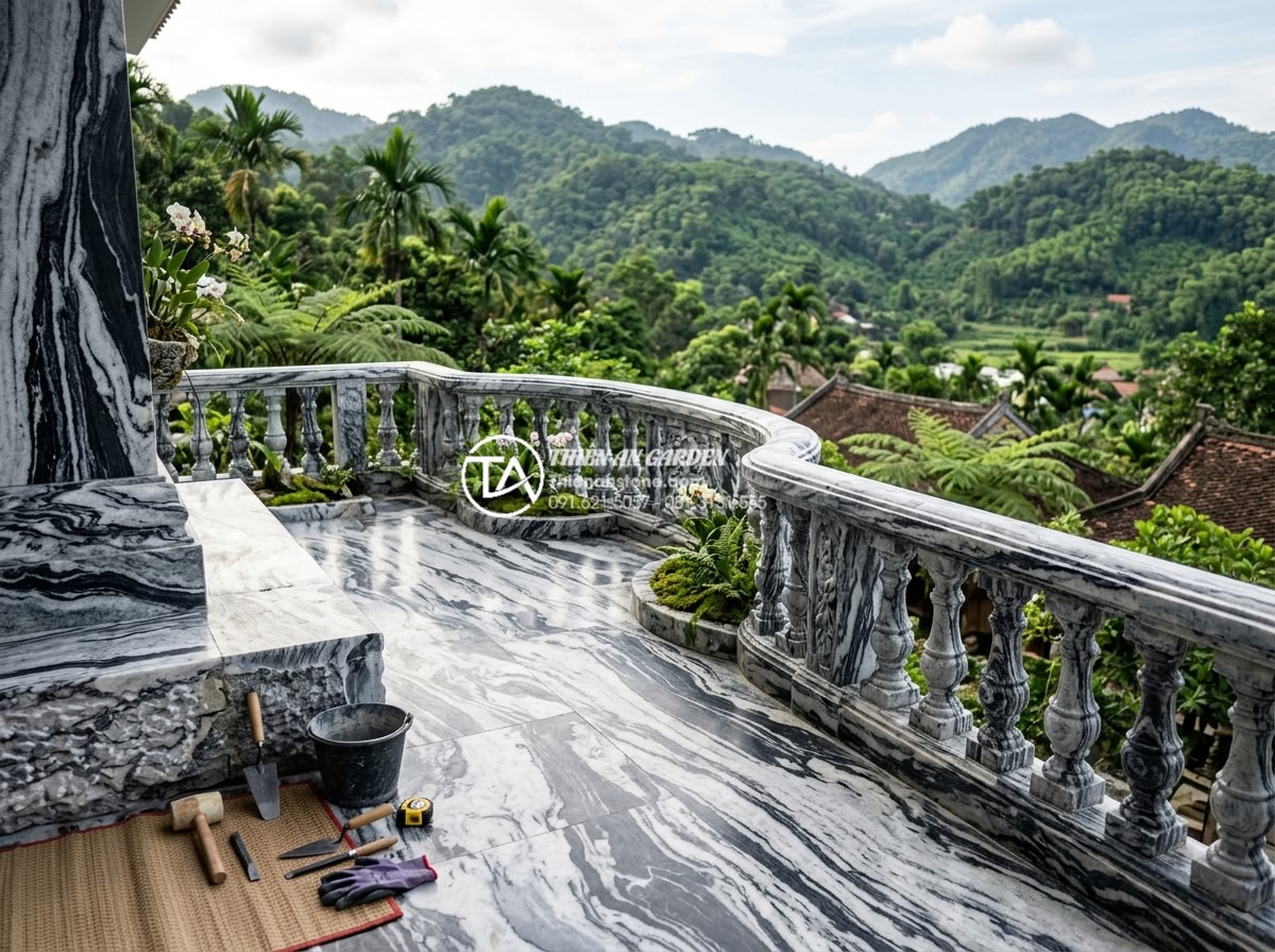 Nghệ thuật sử dụng đá Tuyết Sơn trong tiểu cảnh ban công cao cấp - Professional landscape company team from Da Canh Thien An working on Snow Mounta