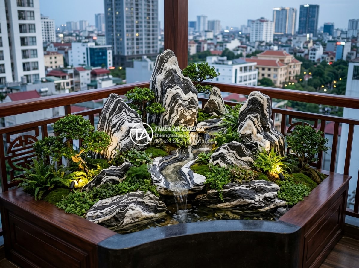 Nghệ thuật sử dụng đá Tuyết Sơn trong tiểu cảnh ban công cao cấp - Wide angle view of premium Snow Mountain stone rocks arranged artistically in a 