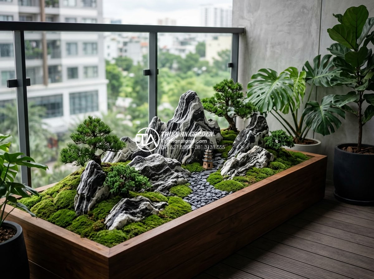 Nghệ thuật sử dụng đá Tuyết Sơn trong tiểu cảnh ban công cao cấp - Completed premium balcony miniature landscape project by Da Canh Thien An showca