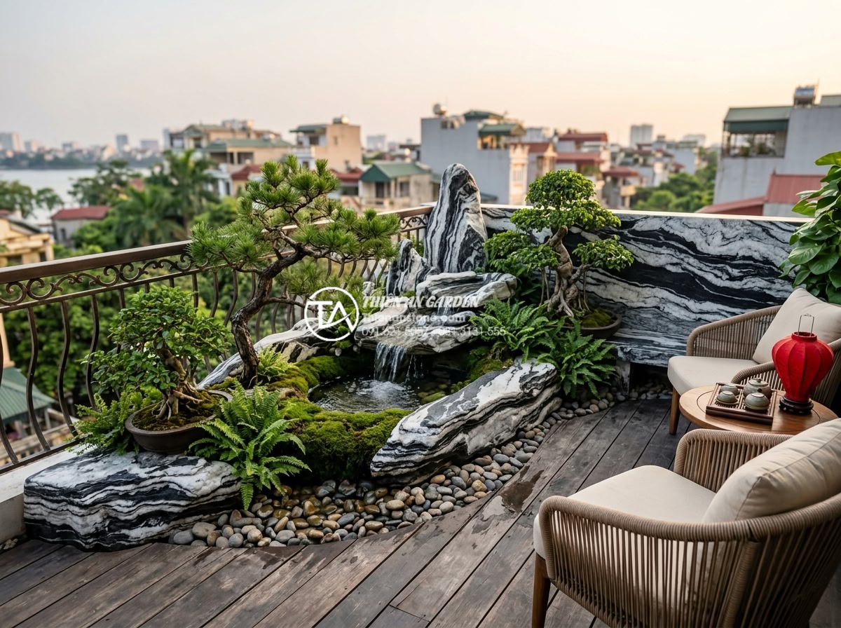 Nghệ thuật sử dụng đá Tuyết Sơn trong tiểu cảnh ban công cao cấp - Luxurious balcony scene featuring Snow Mountain stone in high-end miniature gard