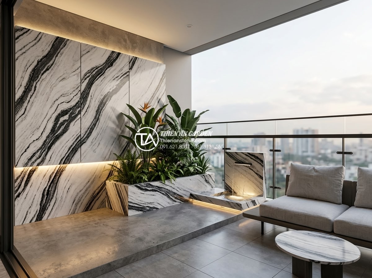 Nghệ thuật sử dụng đá Tuyết Sơn trong tiểu cảnh ban công cao cấp - Detailed shot of Snow Mountain stone integrated into upscale balcony decor with 