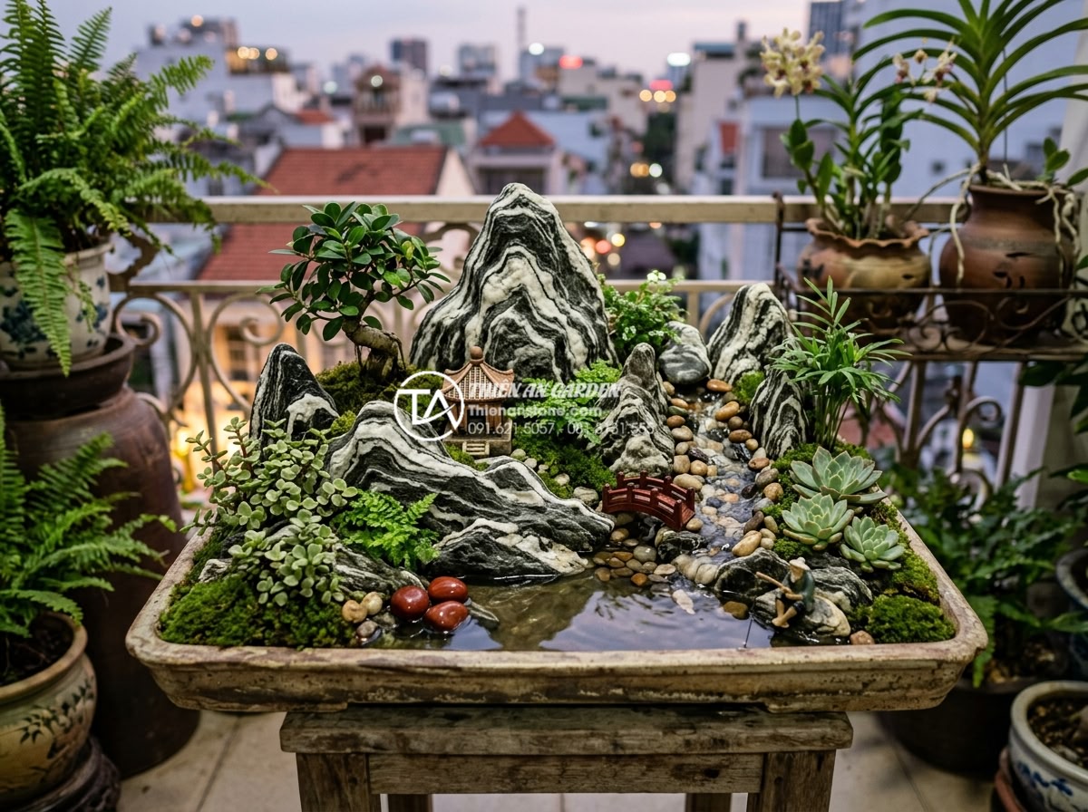 Nghệ thuật sử dụng đá Tuyết Sơn trong tiểu cảnh ban công cao cấp - Feng shui inspired balcony miniature landscape using Snow Mountain stone with wa