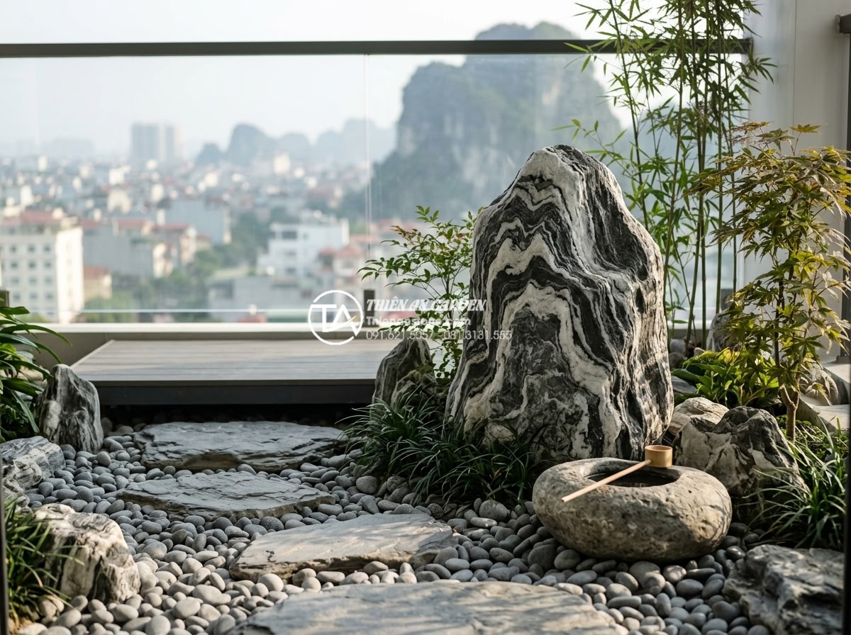 Nghệ thuật sử dụng đá Tuyết Sơn trong tiểu cảnh ban công cao cấp - Various design styles of Snow Mountain stone balcony landscapes including Zen, m