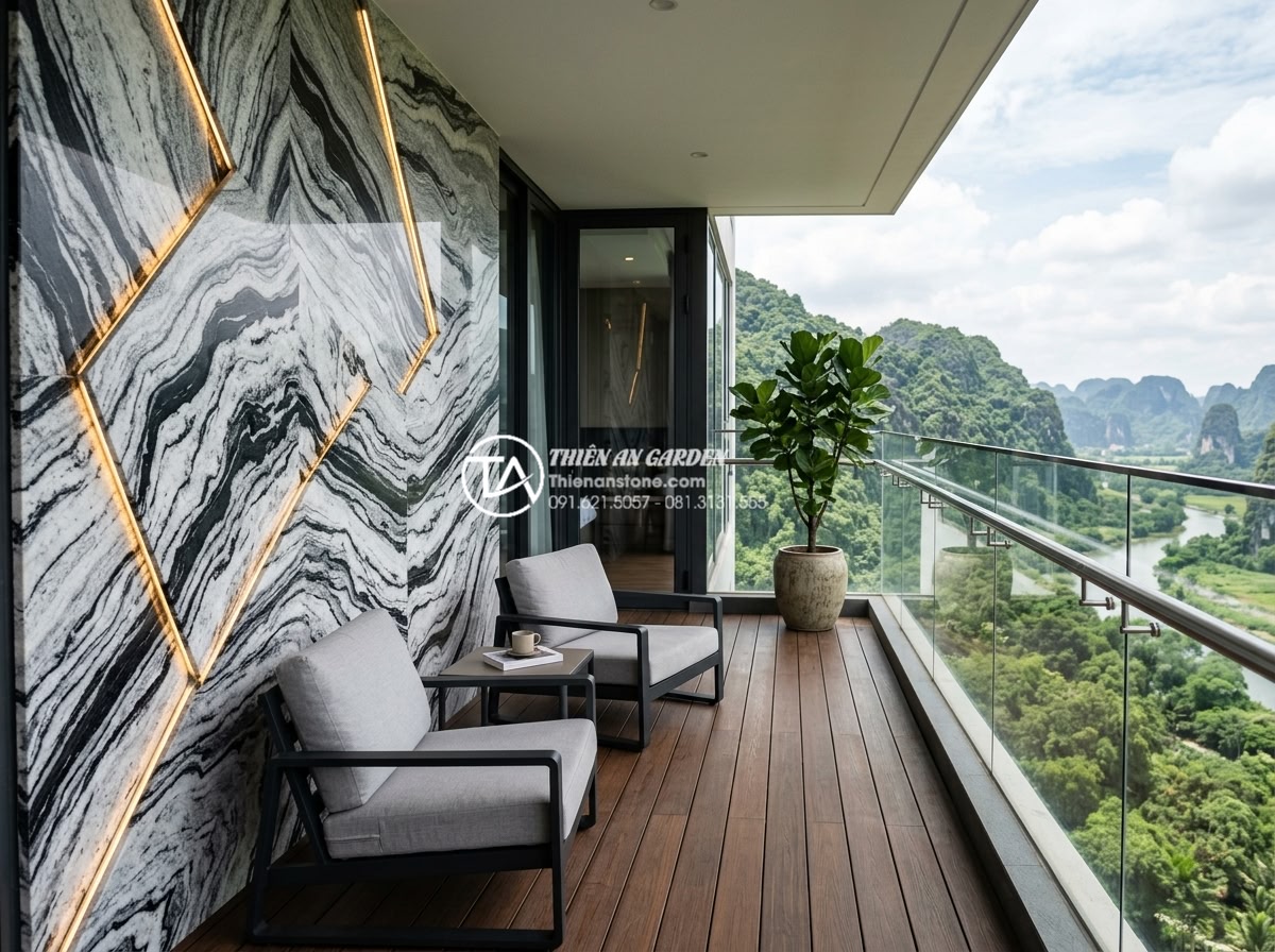 Nghệ thuật sử dụng đá Tuyết Sơn trong tiểu cảnh ban công cao cấp - Elegant high-end balcony with Snow Mountain stone in contemporary European style