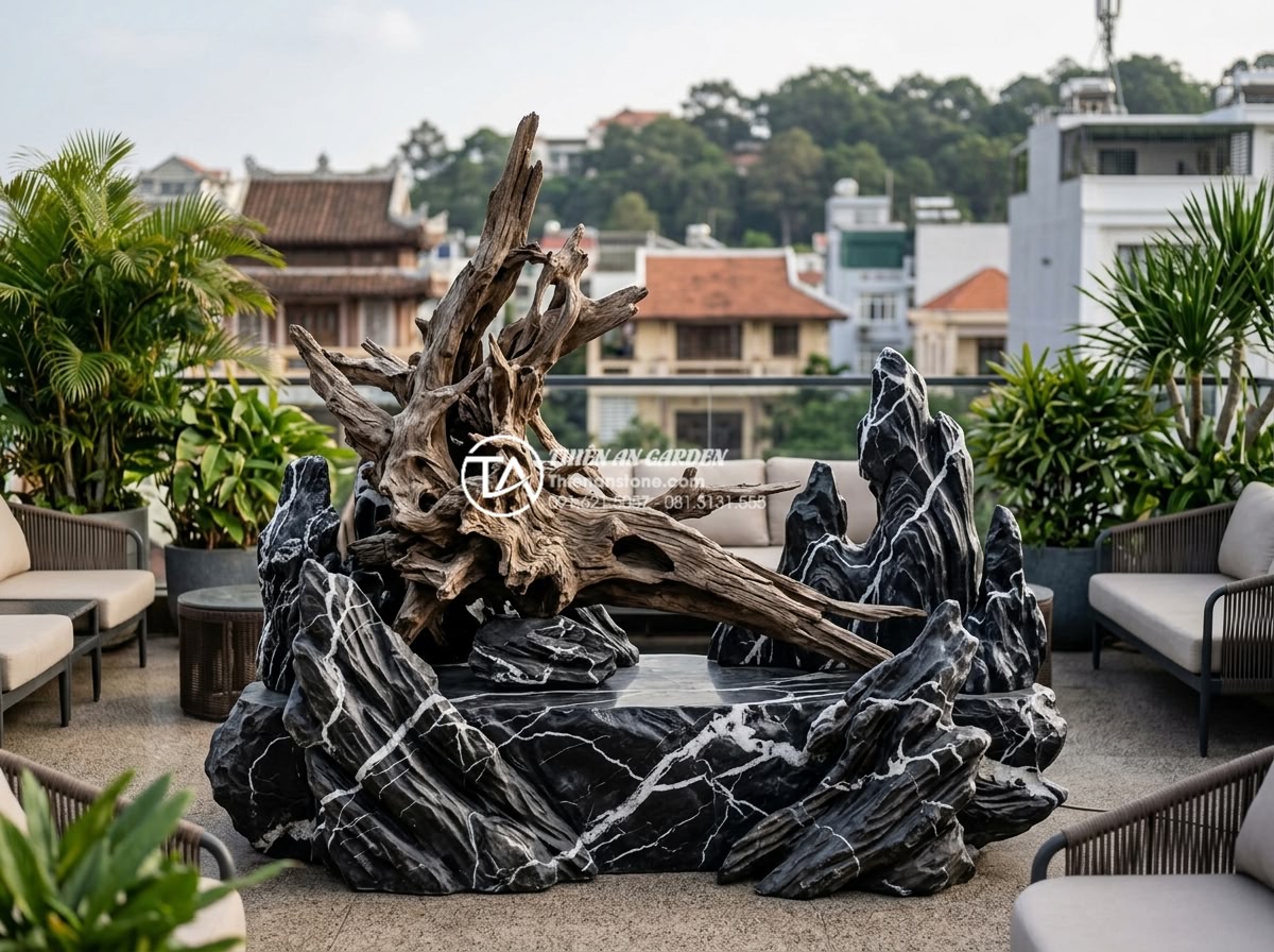 Nghệ thuật sử dụng gỗ lũa trong trang trí tiểu cảnh sân thượng hiện đại - Integration of large driftwood sculpture with carved natural stone base and deco