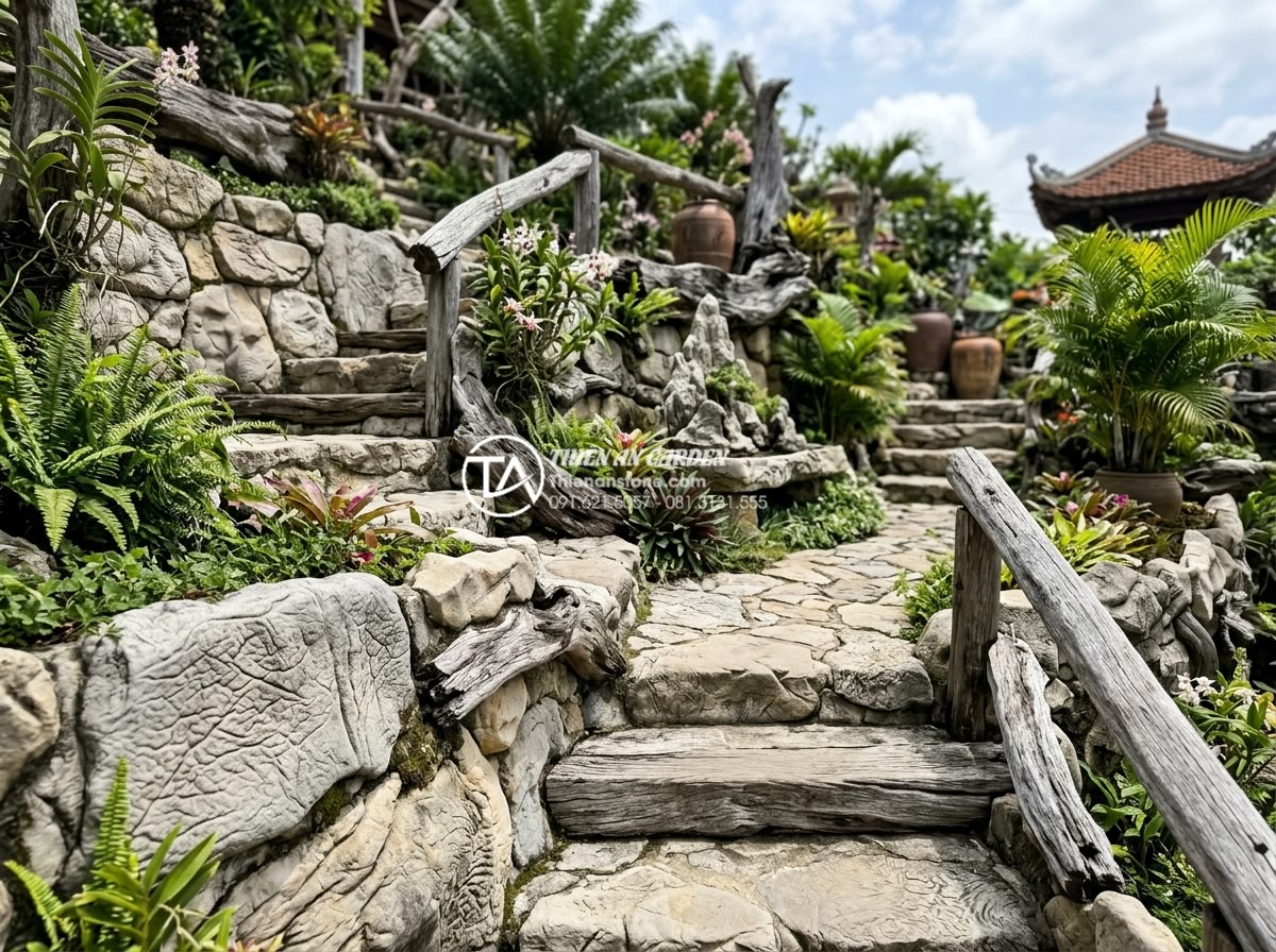 Nghệ thuật sử dụng gỗ lũa trong trang trí tiểu cảnh sân thượng hiện đại - Long-term aged but well-maintained driftwood terrace garden demonstrating durabi