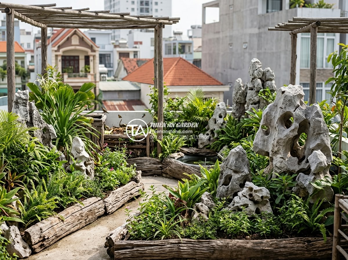 Nghệ thuật sử dụng gỗ lũa trong trang trí tiểu cảnh sân thượng hiện đại - Overall benefits visualization of driftwood rooftop gardens improving urban livi