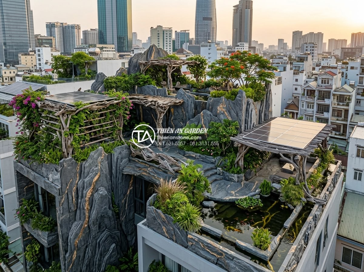 Nghệ thuật sử dụng gỗ lũa trong trang trí tiểu cảnh sân thượng hiện đại - Futuristic vision of sustainable driftwood-integrated rooftop landscapes in city