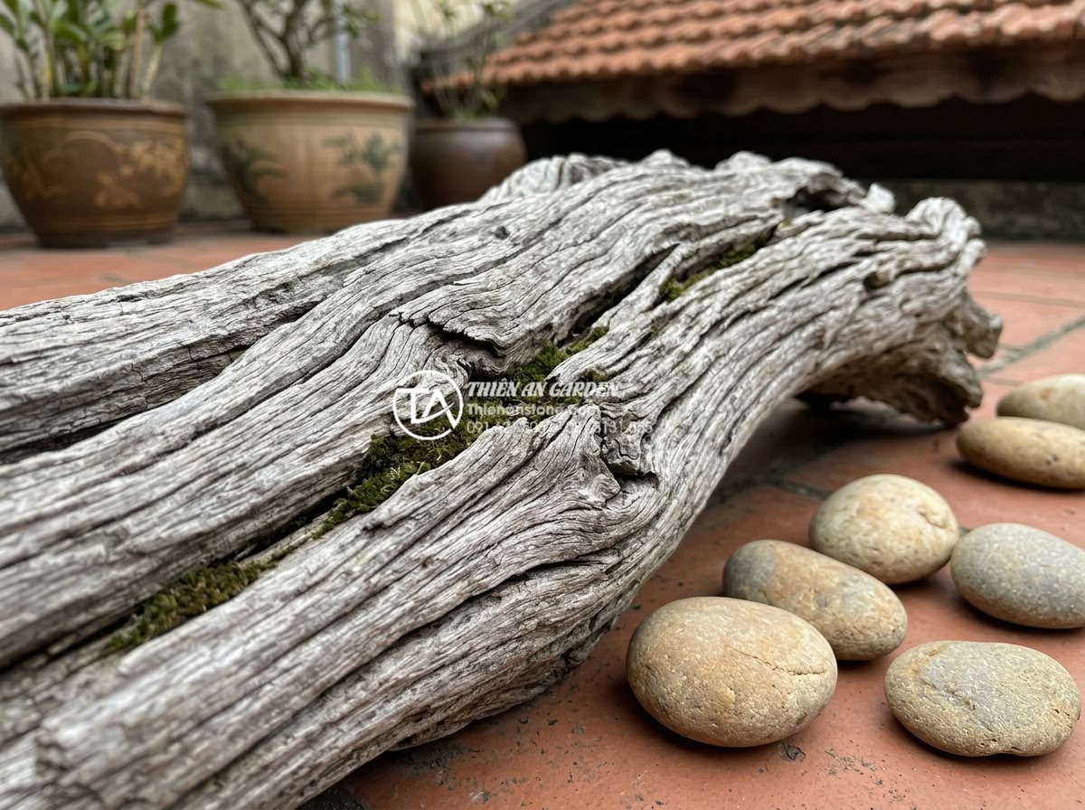 Nghệ thuật sử dụng gỗ lũa trong trang trí tiểu cảnh sân thượng hiện đại - Macro texture shot of aged driftwood showing natural grain patterns, cracks, and