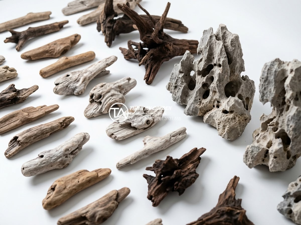 Nghệ thuật sử dụng gỗ lũa trong trang trí tiểu cảnh sân thượng hiện đại - Variety display of different types of driftwood pieces including river, sea, and