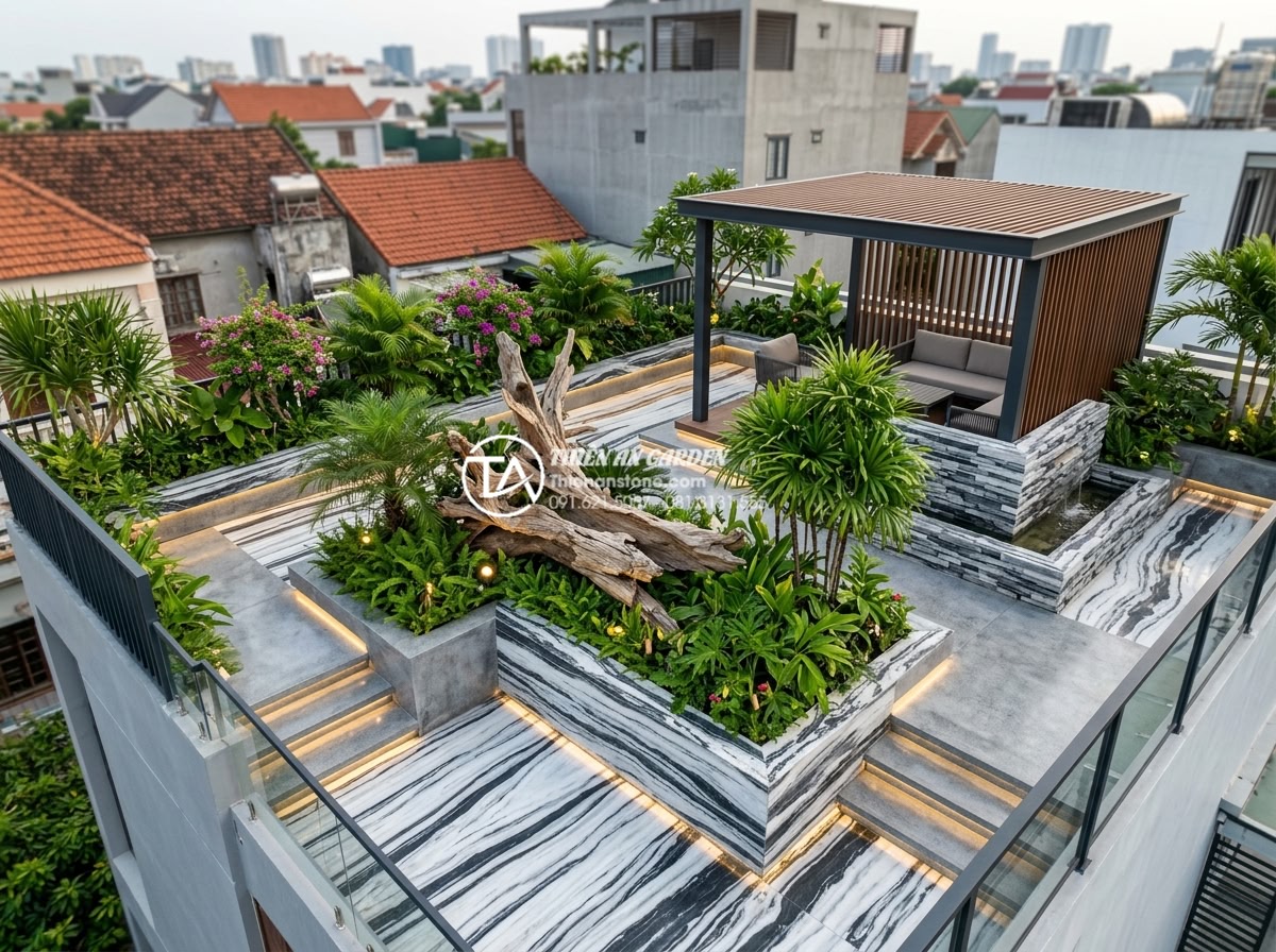 Nghệ thuật sử dụng gỗ lũa trong trang trí tiểu cảnh sân thượng hiện đại - Modern rooftop design blueprint with driftwood as focal point, balanced composit