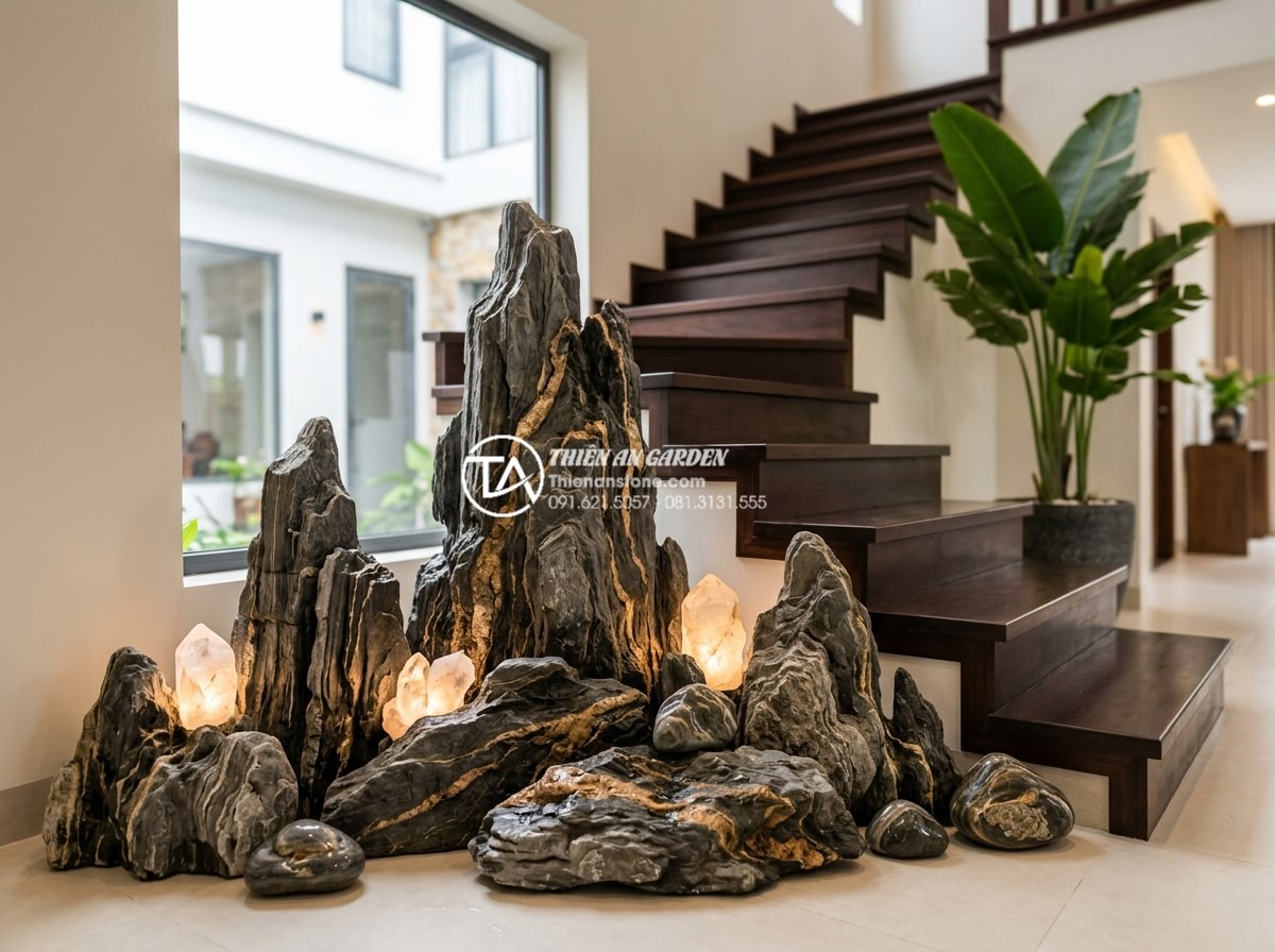 Những loại đá cảnh mang năng lượng cực tốt khi đặt tại chân cầu thang - Elegant natural stone arrangement featuring glowing quartz crystals and polished