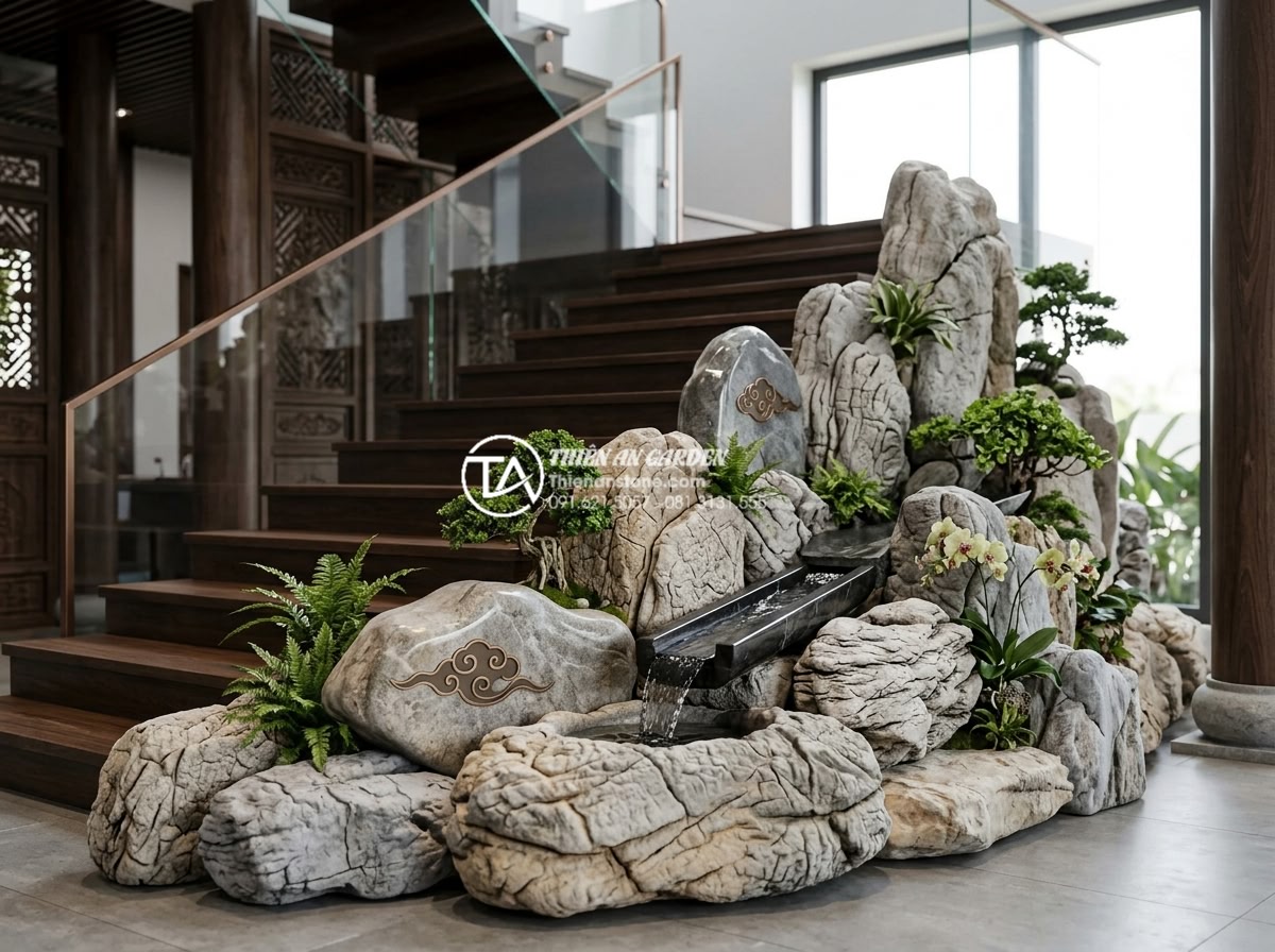 Những loại đá cảnh mang năng lượng cực tốt khi đặt tại chân cầu thang - Innovative decorative stone designs for staircase base featuring cutting-edge ma