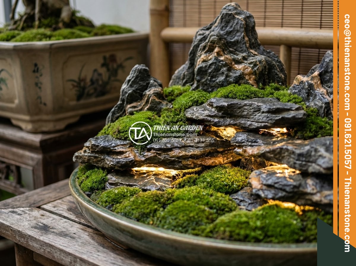 Những lưu ý khi sử dụng đá thấm thủy làm tiểu cảnh góc sân mini - Hình 10 Những lưu ý khi sử dụng đá thấm thủy làm tiểu cảnh góc sân mini - Innovative mini garden corner concept with layered water absorbing stones, moss