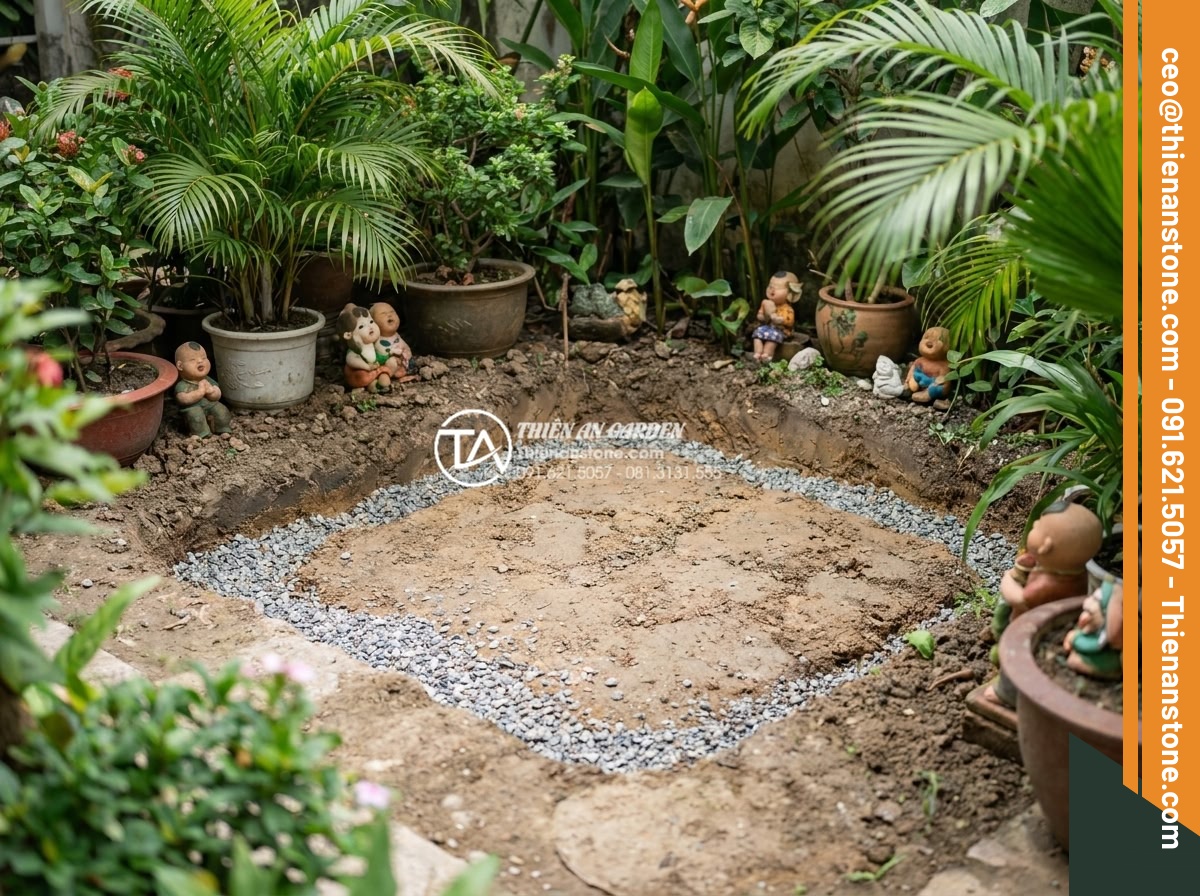 Những lưu ý khi sử dụng đá thấm thủy làm tiểu cảnh góc sân mini - Hình 11 Những lưu ý khi sử dụng đá thấm thủy làm tiểu cảnh góc sân mini - Step-by-step construction process of installing water absorbing stone in a mini