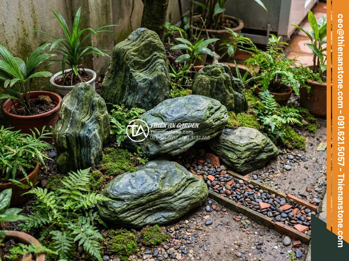 Những lưu ý khi sử dụng đá thấm thủy làm tiểu cảnh góc sân mini - Hình 12 Những lưu ý khi sử dụng đá thấm thủy làm tiểu cảnh góc sân mini - Completed installation of water absorbing stone miniature scene in outdoor corne