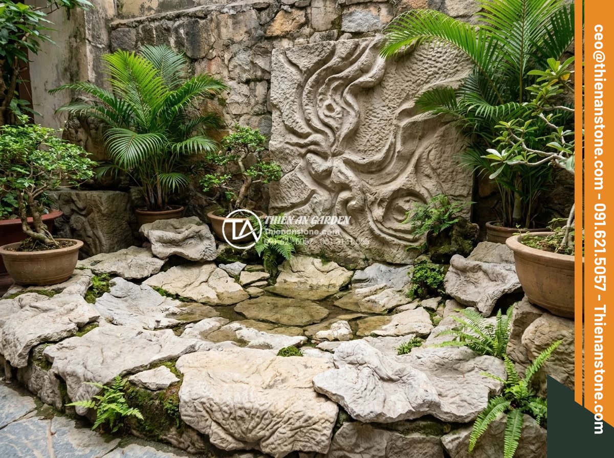 Những lưu ý khi sử dụng đá thấm thủy làm tiểu cảnh góc sân mini - Hình 15 Những lưu ý khi sử dụng đá thấm thủy làm tiểu cảnh góc sân mini - Integrated design of water absorbing stones combined with wall stone art and gre