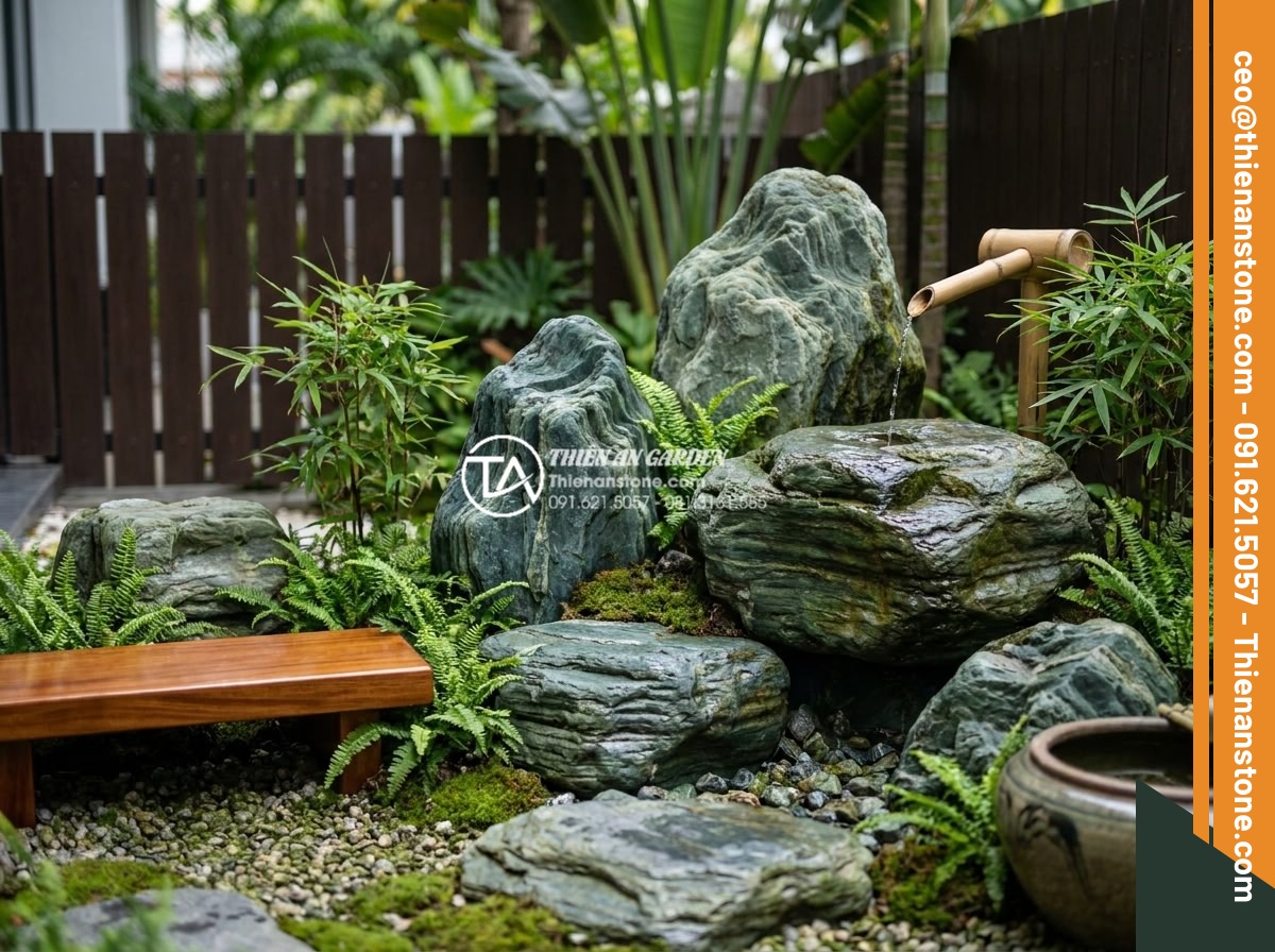 Những lưu ý khi sử dụng đá thấm thủy làm tiểu cảnh góc sân mini - Hình 19 Những lưu ý khi sử dụng đá thấm thủy làm tiểu cảnh góc sân mini - Luxurious completed mini garden corner project featuring premium water absorbing