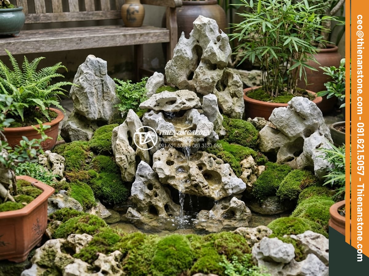 Những lưu ý khi sử dụng đá thấm thủy làm tiểu cảnh góc sân mini - Hình 2 Những lưu ý khi sử dụng đá thấm thủy làm tiểu cảnh góc sân mini - Wide angle shot of a complete mini garden corner with water-absorbing stones for