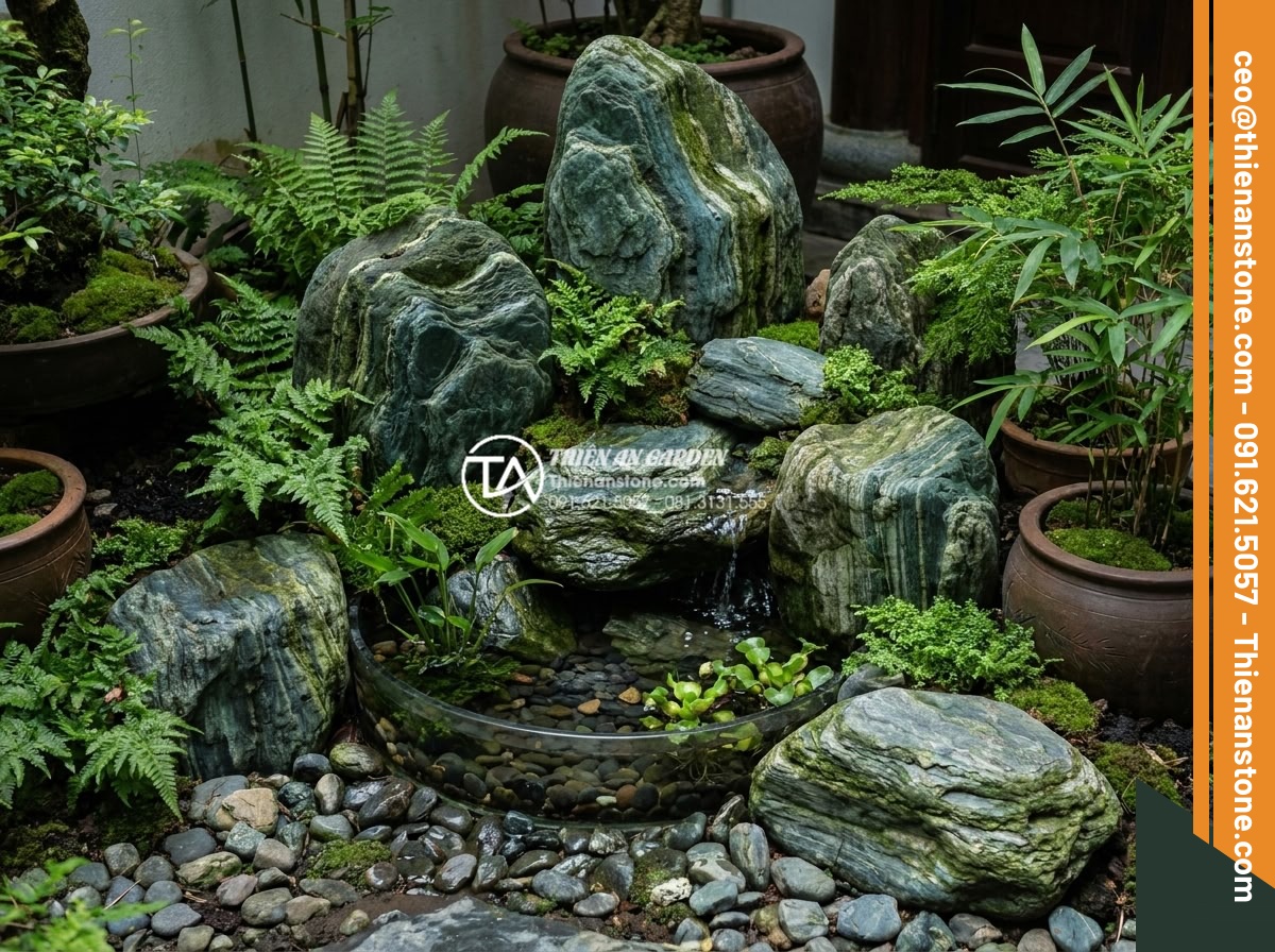 Những lưu ý khi sử dụng đá thấm thủy làm tiểu cảnh góc sân mini - Hình 5 Những lưu ý khi sử dụng đá thấm thủy làm tiểu cảnh góc sân mini - Beautifully designed mini corner garden using water permeable stones with lush g