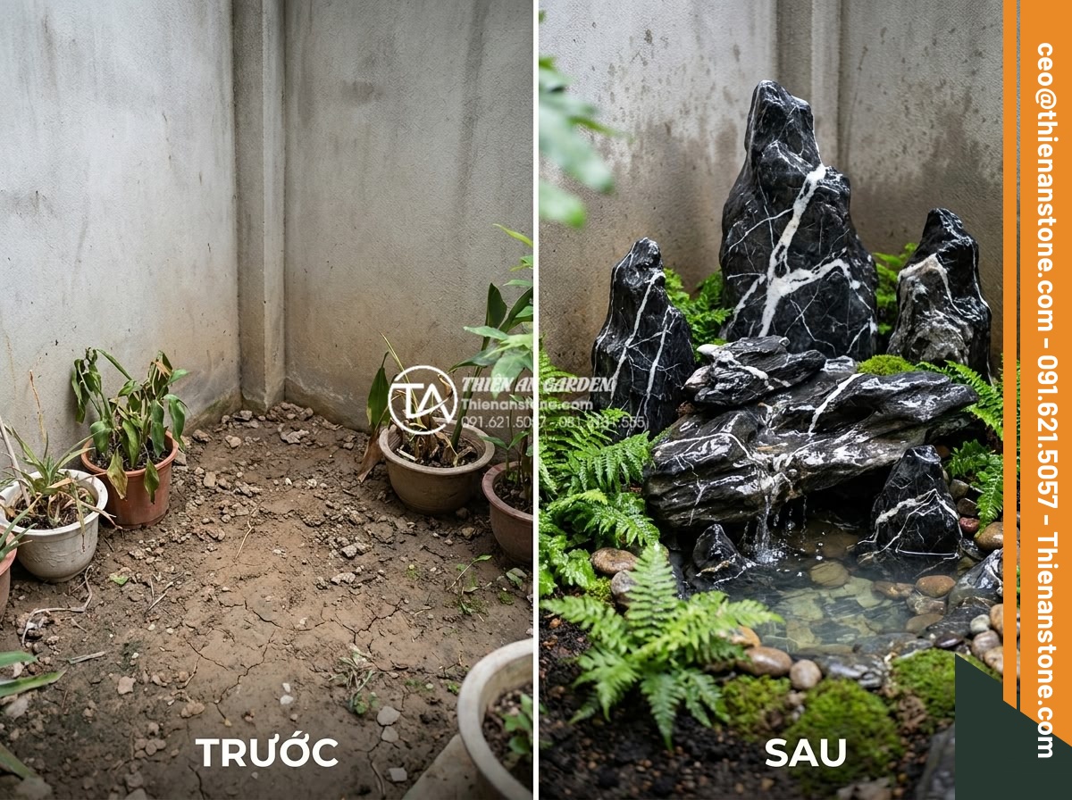 Những lưu ý khi sử dụng đá thấm thủy làm tiểu cảnh góc sân mini - Hình 6 Những lưu ý khi sử dụng đá thấm thủy làm tiểu cảnh góc sân mini - Before and after comparison of a garden corner transformed with water absorbing