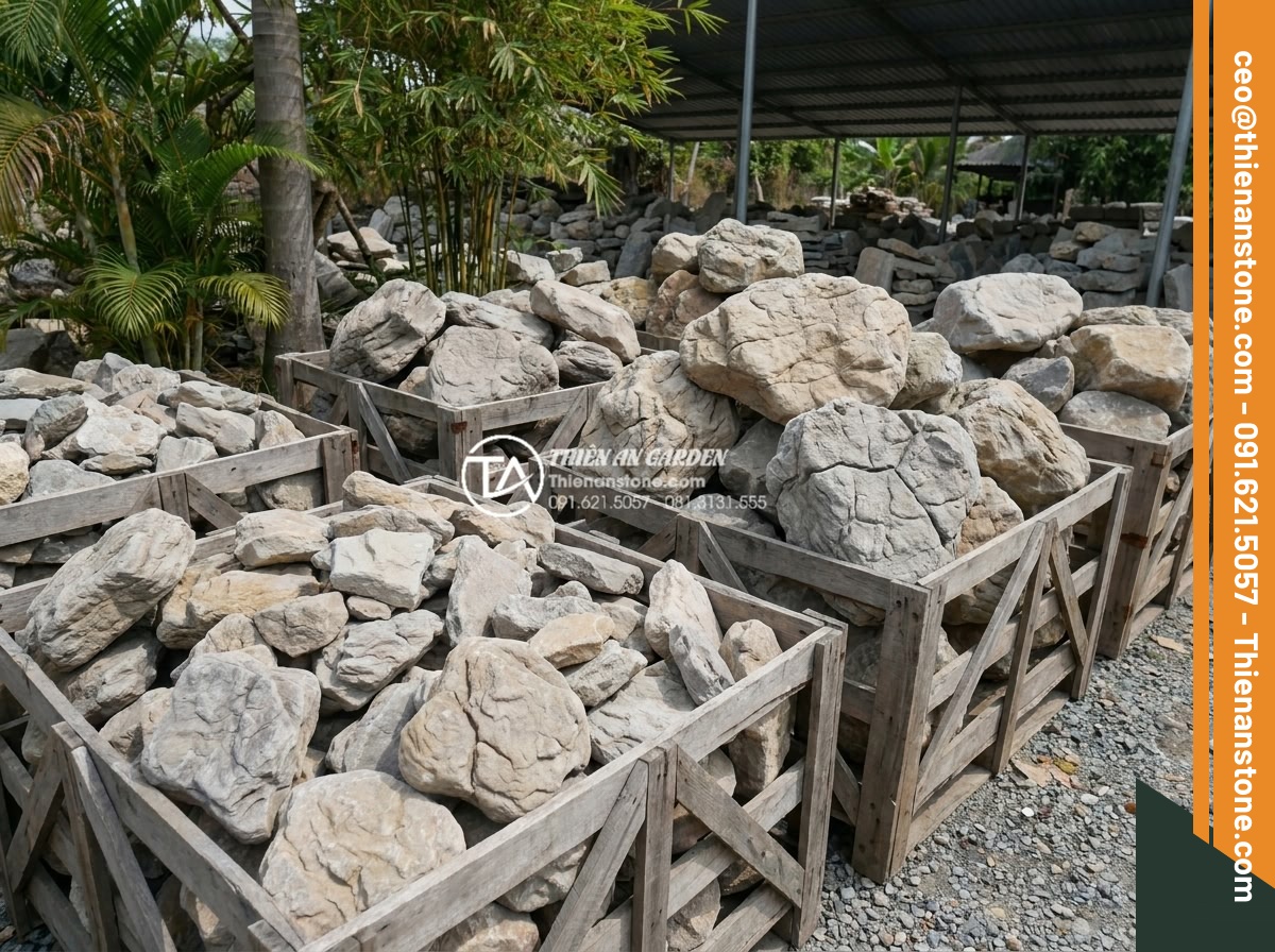 Những lưu ý khi sử dụng đá thấm thủy làm tiểu cảnh góc sân mini - Hình 8 Những lưu ý khi sử dụng đá thấm thủy làm tiểu cảnh góc sân mini - Variety of water absorbing stone sizes and colors displayed for selection in a p