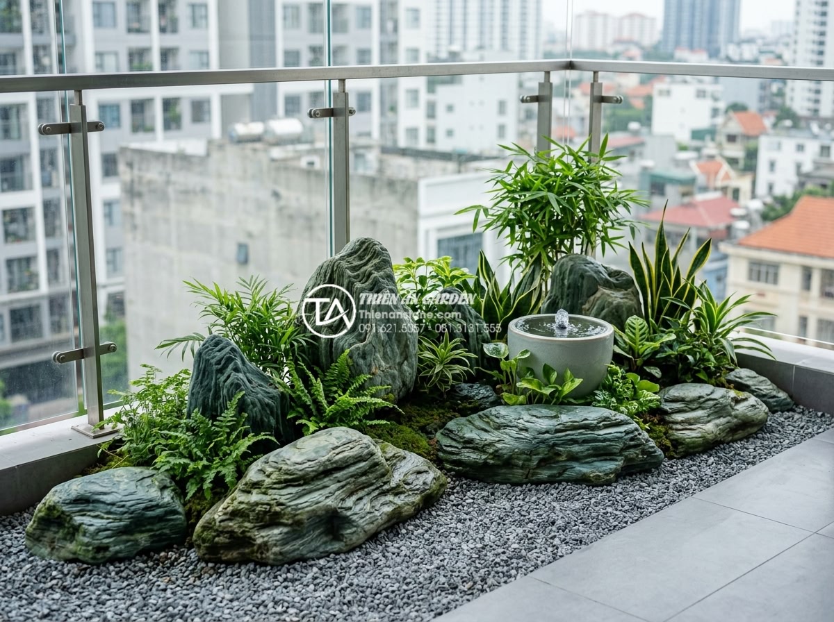 Phong thủy tiểu cảnh ban công: Cách bố trí đá và cây xanh hút tài lộc - Hình 1 Phong thủy tiểu cảnh ban công: Cách bố trí đá và cây xanh hút tài lộc - Detailed view of a modern balcony feng shui setup featuring natural stones arran