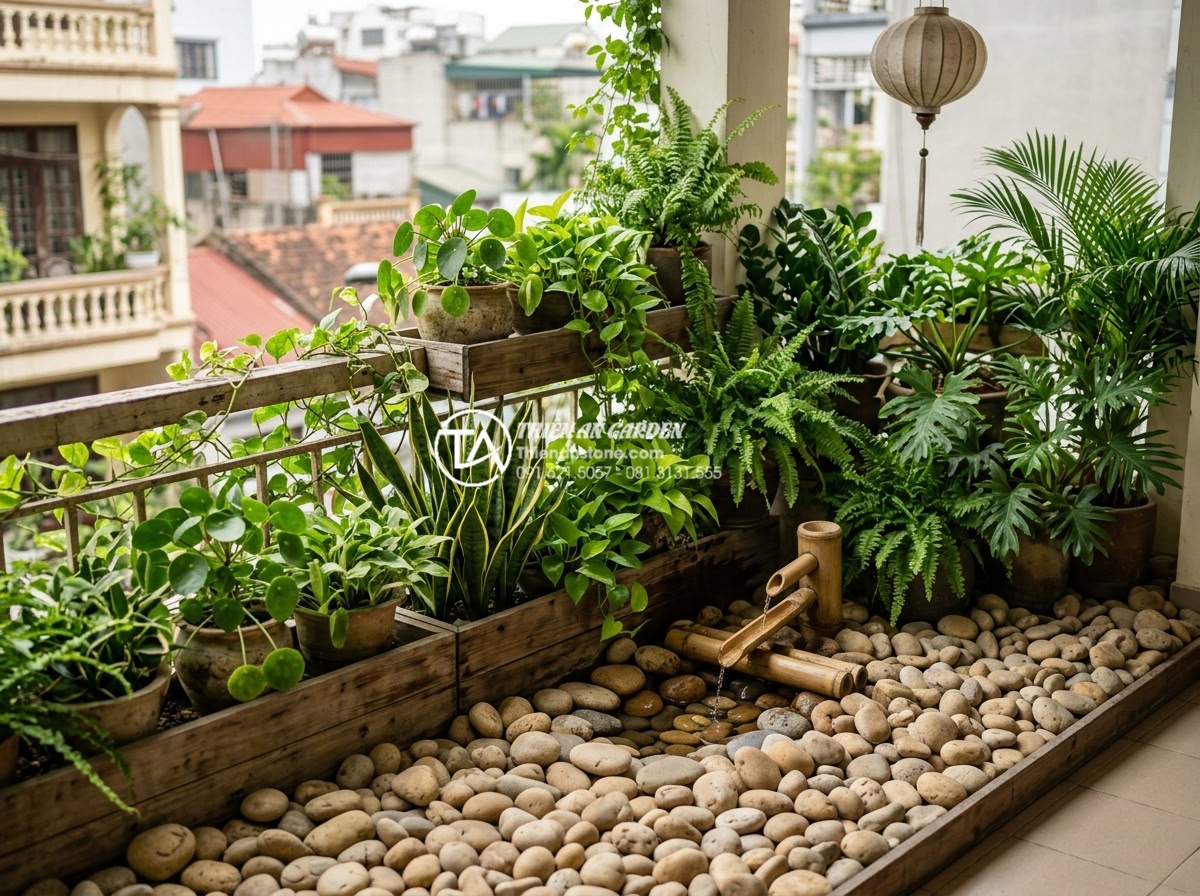 Phong thủy tiểu cảnh ban công: Cách bố trí đá và cây xanh hút tài lộc - Hình 10 Phong thủy tiểu cảnh ban công: Cách bố trí đá và cây xanh hút tài lộc - Layered balcony design with stones at base and various green plants creating a w