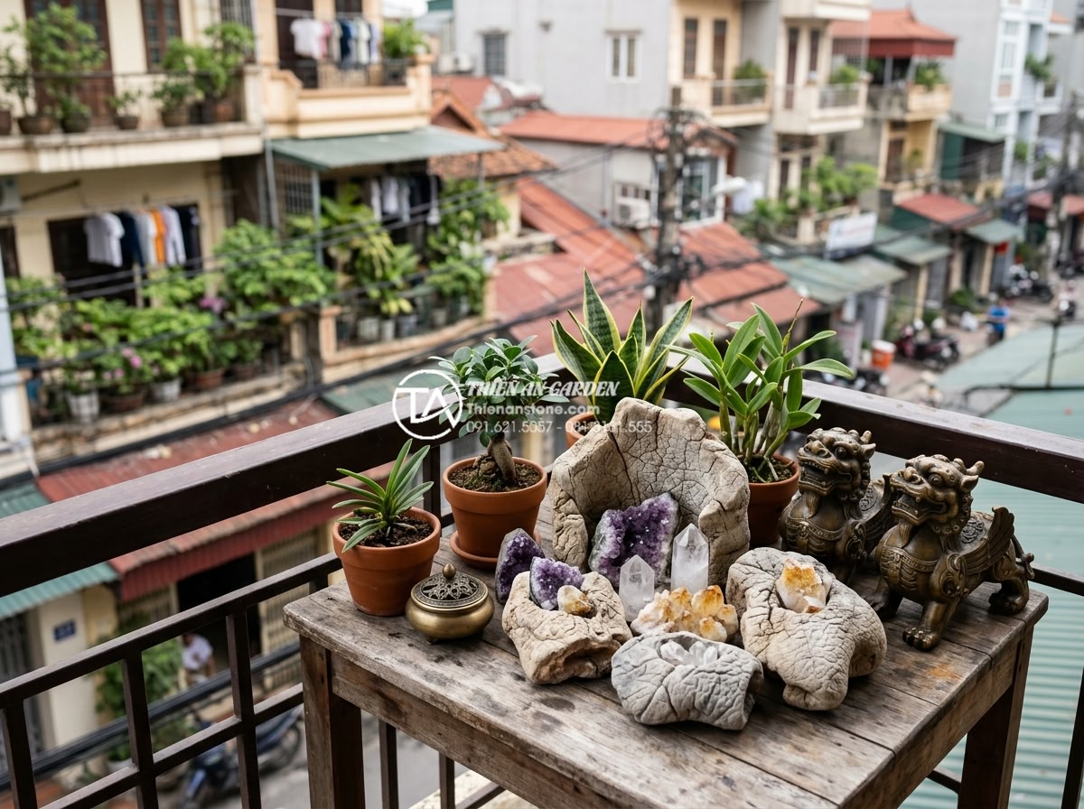 Phong thủy tiểu cảnh ban công: Cách bố trí đá và cây xanh hút tài lộc - Hình 11 Phong thủy tiểu cảnh ban công: Cách bố trí đá và cây xanh hút tài lộc - Assortment of popular feng shui artifacts like pi xiu statues and crystal stones