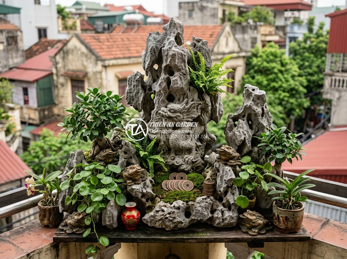 Phong thủy tiểu cảnh ban công: Cách bố trí đá và cây xanh hút tài lộc - Hình 12 Phong thủy tiểu cảnh ban công: Cách bố trí đá và cây xanh hút tài lộc - Detailed feng shui items including dragon carvings and wealth symbols integrated