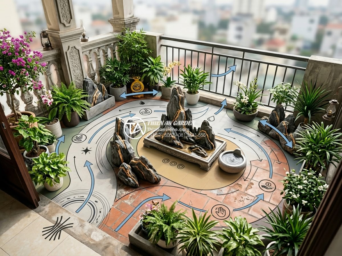 Phong thủy tiểu cảnh ban công: Cách bố trí đá và cây xanh hút tài lộc - Hình 13 Phong thủy tiểu cảnh ban công: Cách bố trí đá và cây xanh hút tài lộc - Step-by-step feng shui principles illustrated in a complete balcony stone and pl